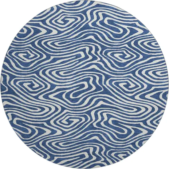 8' Navy Blue And Ivory Abstract Washable Round Rug With UV Protection Photo 1