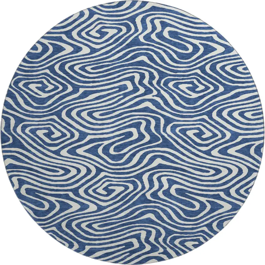 8' Navy Blue And Ivory Abstract Washable Round Rug With UV Protection Photo 1