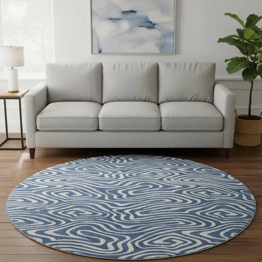 8' Navy Blue And Ivory Abstract Washable Round Rug With UV Protection Photo 2