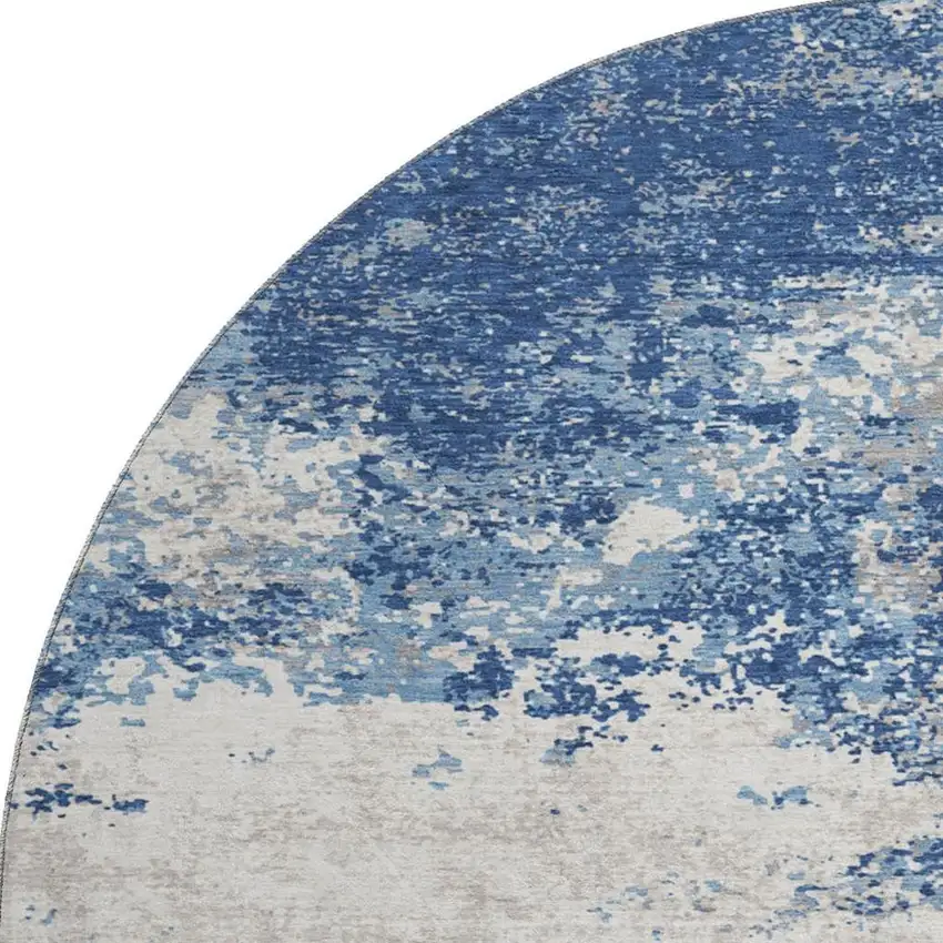 8' Navy Blue And Ivory Abstract Washable Round Rug With UV Protection Photo 2