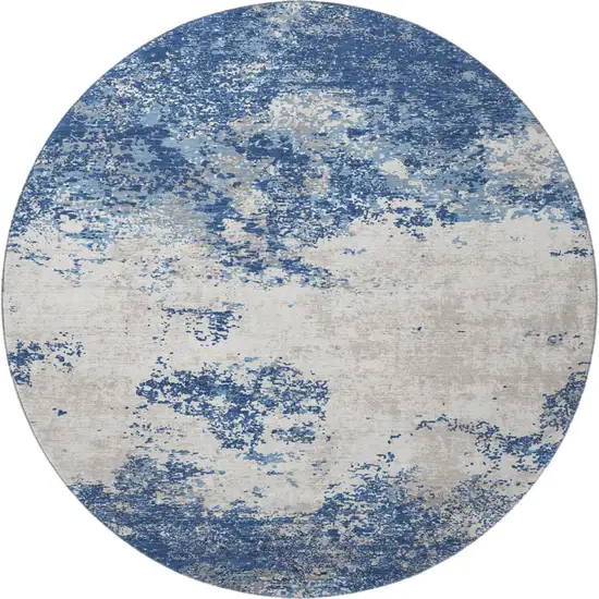 8' Navy Blue And Ivory Abstract Washable Round Rug With UV Protection Photo 3