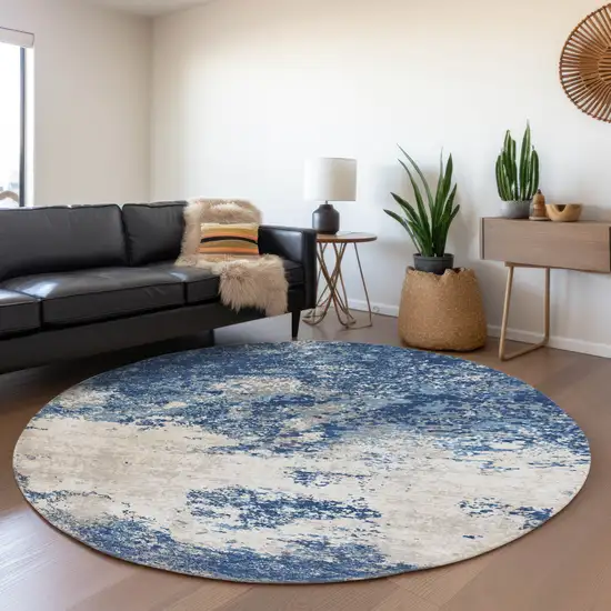 8' Navy Blue And Ivory Abstract Washable Round Rug With UV Protection Photo 4