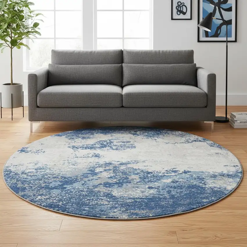 8' Navy Blue And Ivory Abstract Washable Round Rug With UV Protection Photo 2