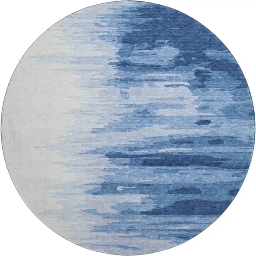 8' Navy Blue And Ivory Abstract Washable Round Rug With UV Protection Photo 1
