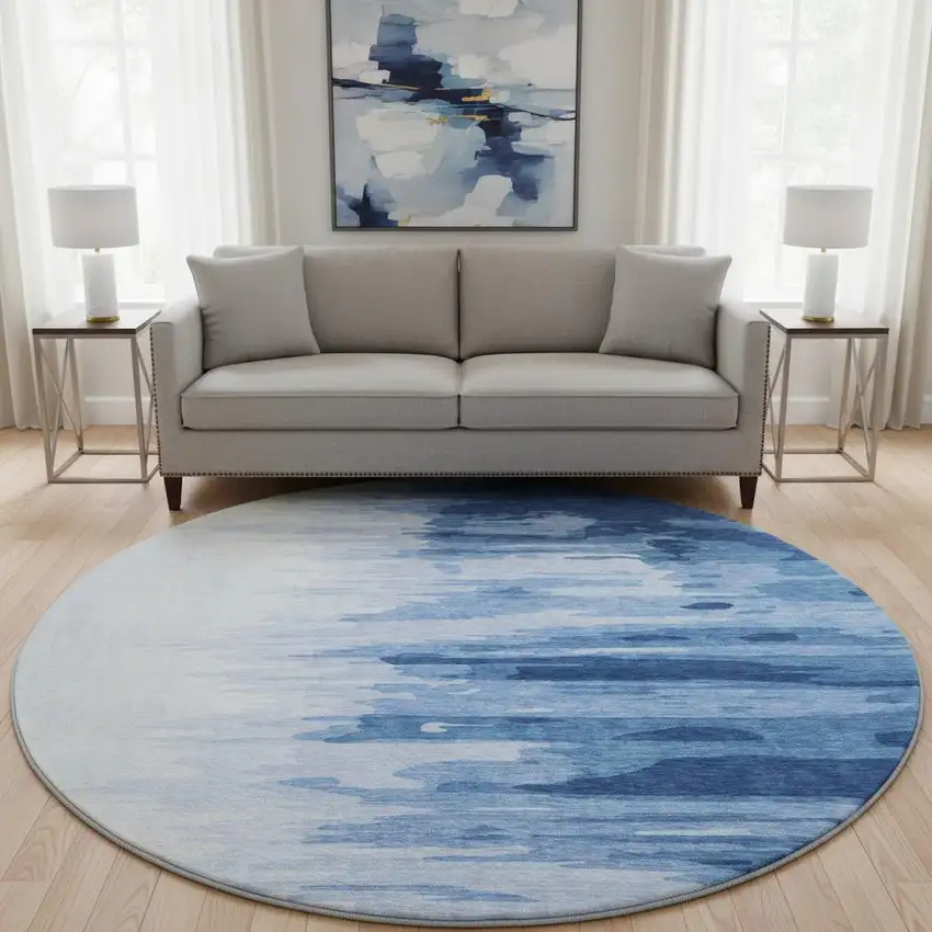 8' Navy Blue And Ivory Abstract Washable Round Rug With UV Protection Photo 2