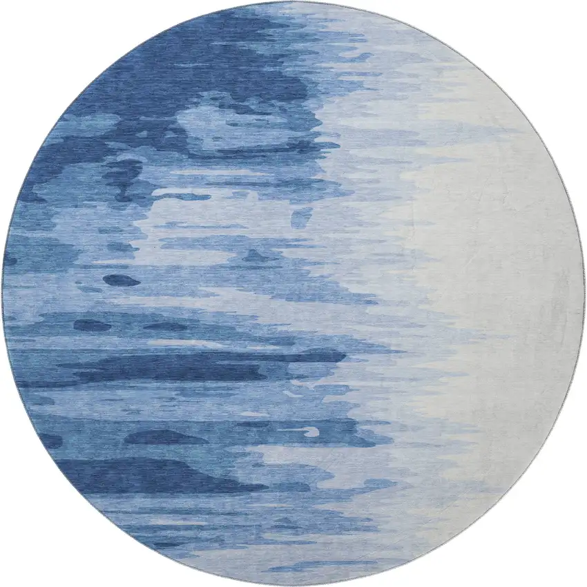 8' Navy Blue And Ivory Abstract Washable Round Rug With UV Protection Photo 3