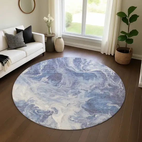 8' Navy Blue And Ivory Abstract Washable Round Rug With UV Protection Photo 4