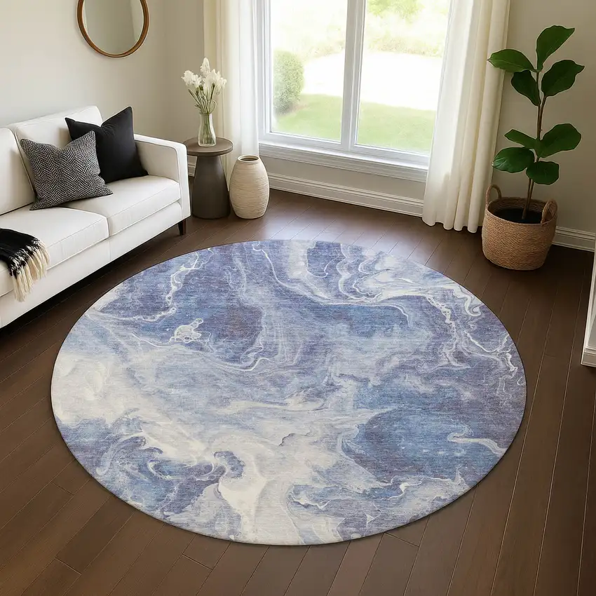 8' Navy Blue And Ivory Abstract Washable Round Rug With UV Protection Photo 4