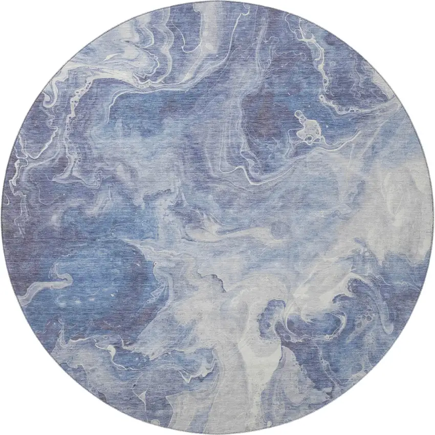 8' Navy Blue And Ivory Abstract Washable Round Rug With UV Protection Photo 3
