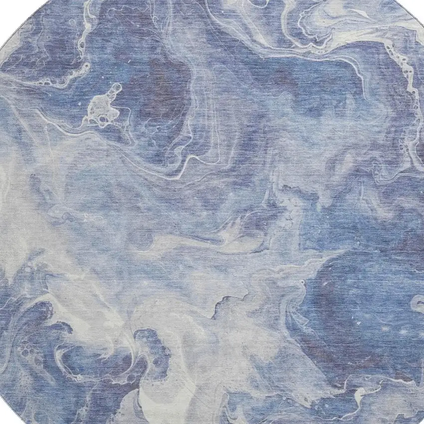 8' Navy Blue And Ivory Abstract Washable Round Rug With UV Protection Photo 2