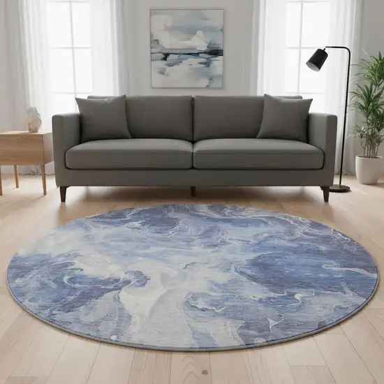 8' Navy Blue And Ivory Abstract Washable Round Rug With UV Protection Photo 2