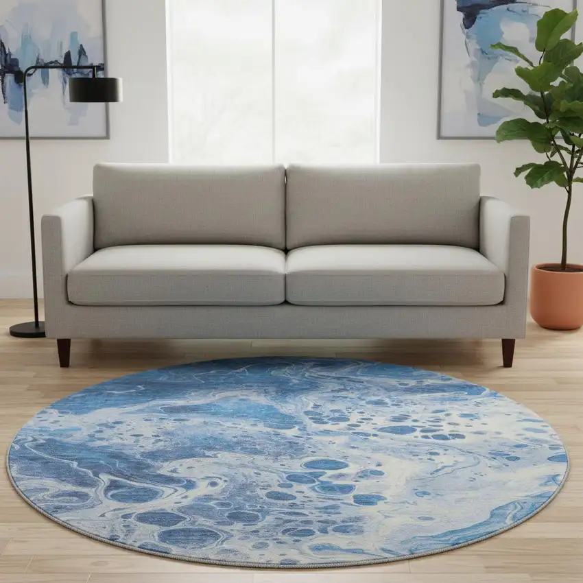 8' Navy Blue And Ivory Abstract Washable Round Rug With UV Protection Photo 2
