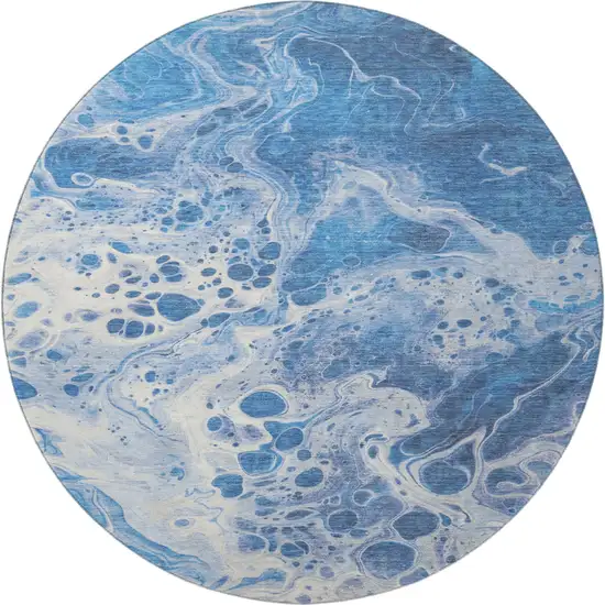 8' Navy Blue And Ivory Abstract Washable Round Rug With UV Protection Photo 3