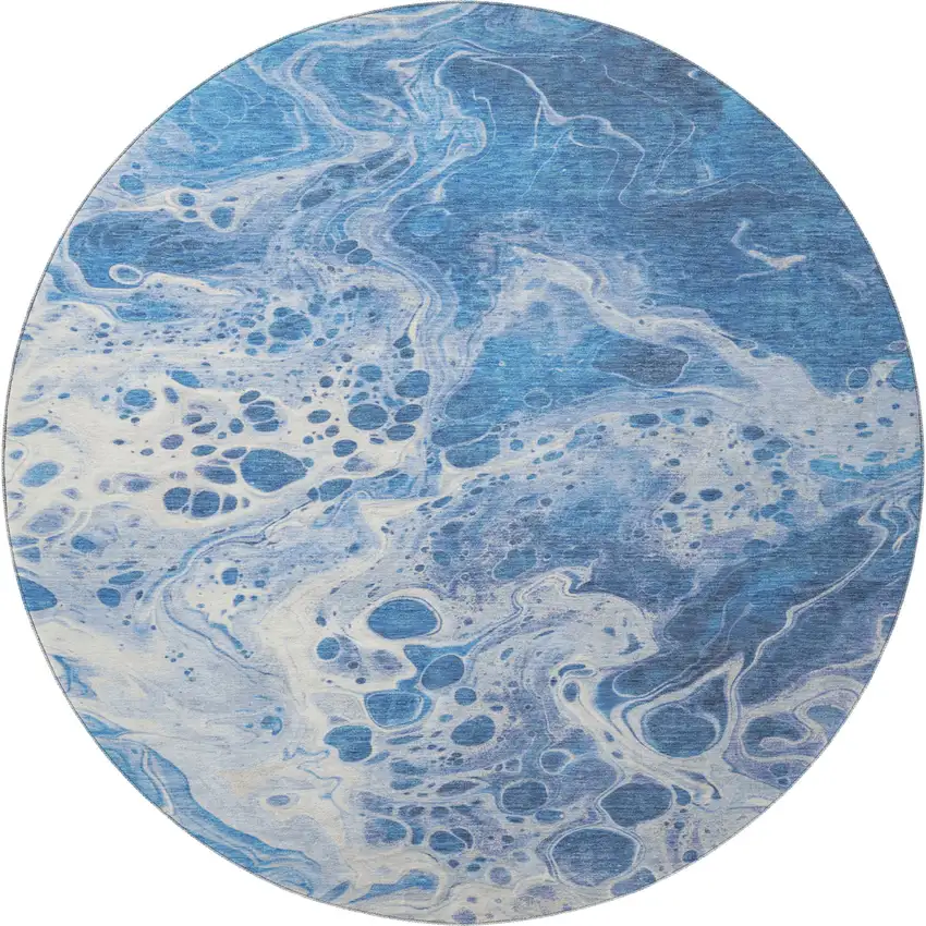 8' Navy Blue And Ivory Abstract Washable Round Rug With UV Protection Photo 3