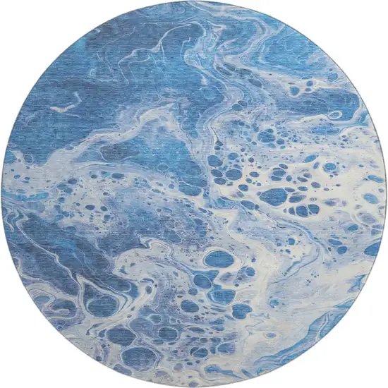 8' Navy Blue And Ivory Abstract Washable Round Rug With UV Protection Photo 1