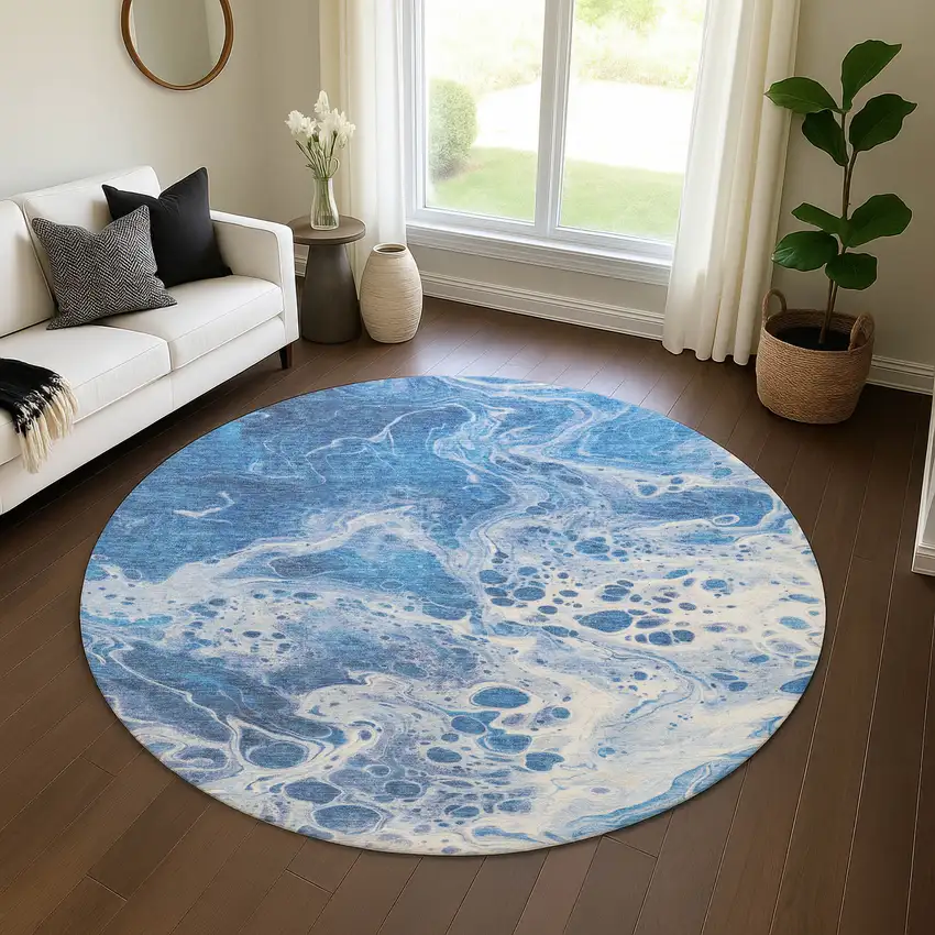 8' Navy Blue And Ivory Abstract Washable Round Rug With UV Protection Photo 4