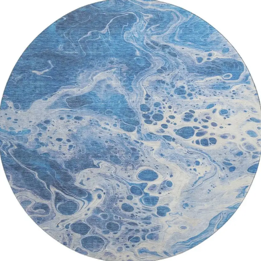 8' Navy Blue And Ivory Abstract Washable Round Rug With UV Protection Photo 2