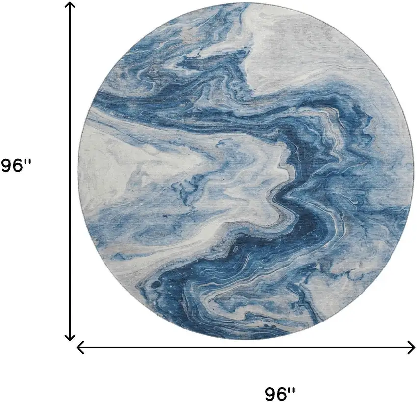 8' Navy Blue And Ivory Abstract Washable Round Rug With UV Protection Photo 9