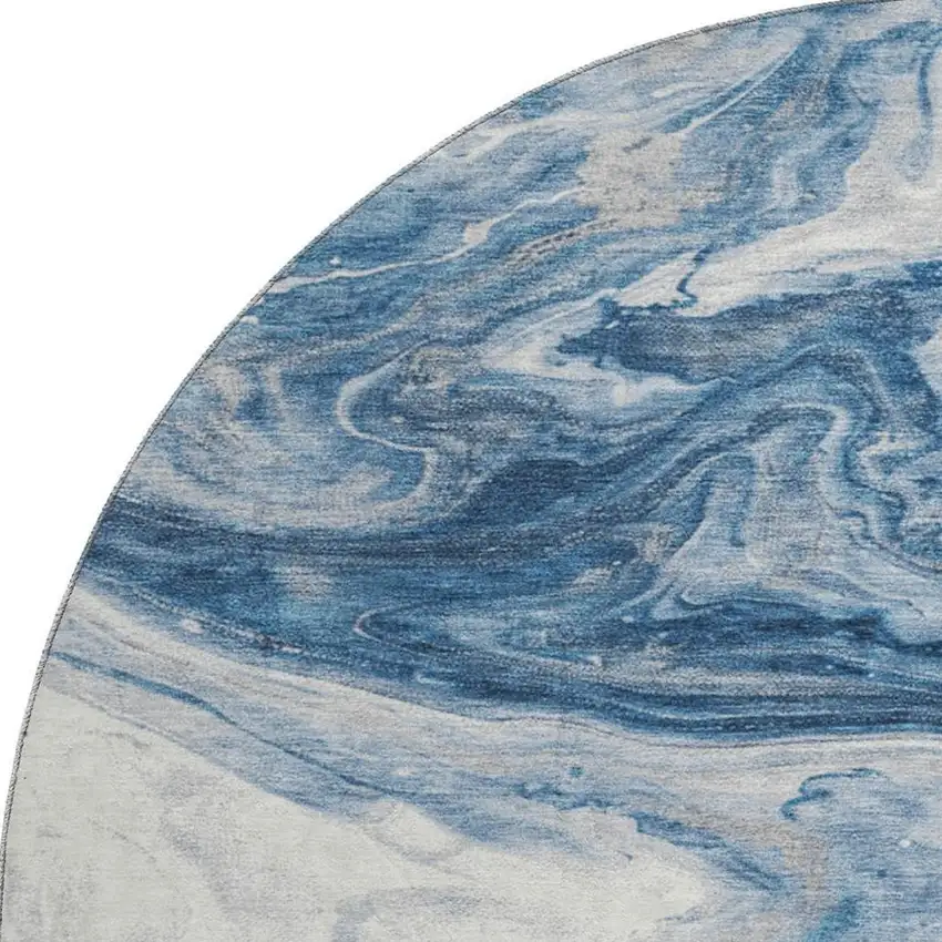 8' Navy Blue And Ivory Abstract Washable Round Rug With UV Protection Photo 3