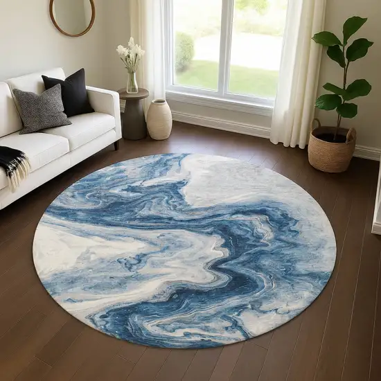 8' Navy Blue And Ivory Abstract Washable Round Rug With UV Protection Photo 4