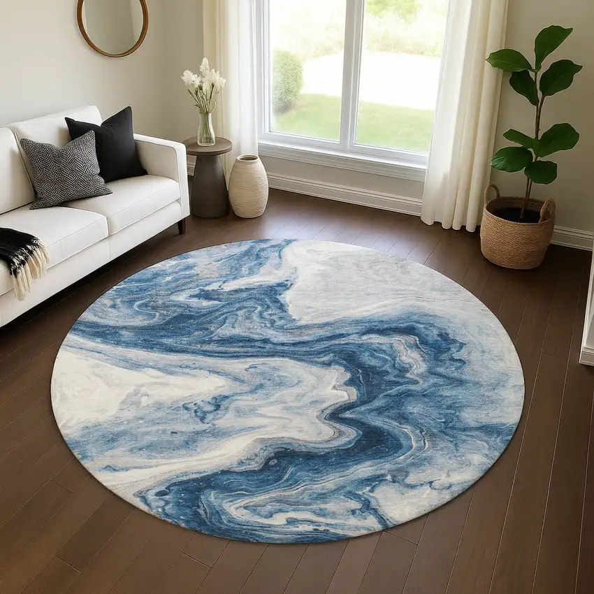 8' Navy Blue And Ivory Abstract Washable Round Rug With UV Protection Photo 4