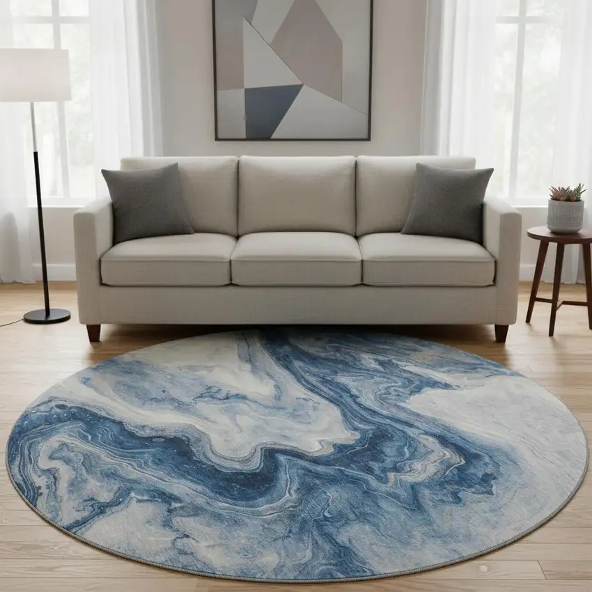 8' Navy Blue And Ivory Abstract Washable Round Rug With UV Protection Photo 2