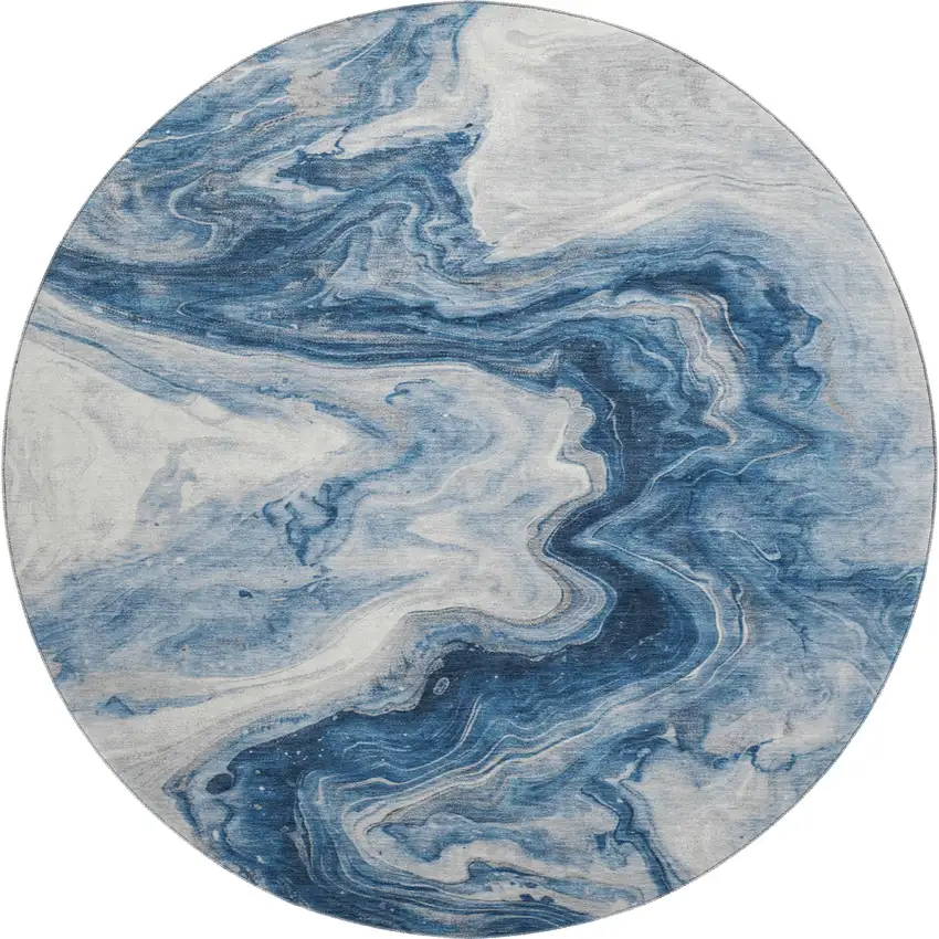 8' Navy Blue And Ivory Abstract Washable Round Rug With UV Protection Photo 1