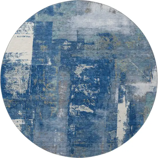 8' Navy Blue And Ivory Abstract Washable Round Rug With UV Protection Photo 3