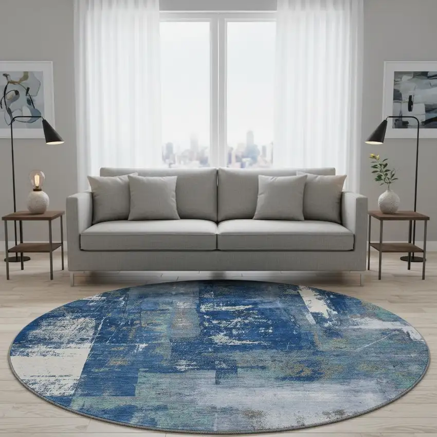 8' Navy Blue And Ivory Abstract Washable Round Rug With UV Protection Photo 2