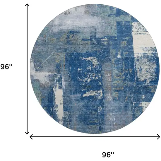 8' Navy Blue And Ivory Abstract Washable Round Rug With UV Protection Photo 9