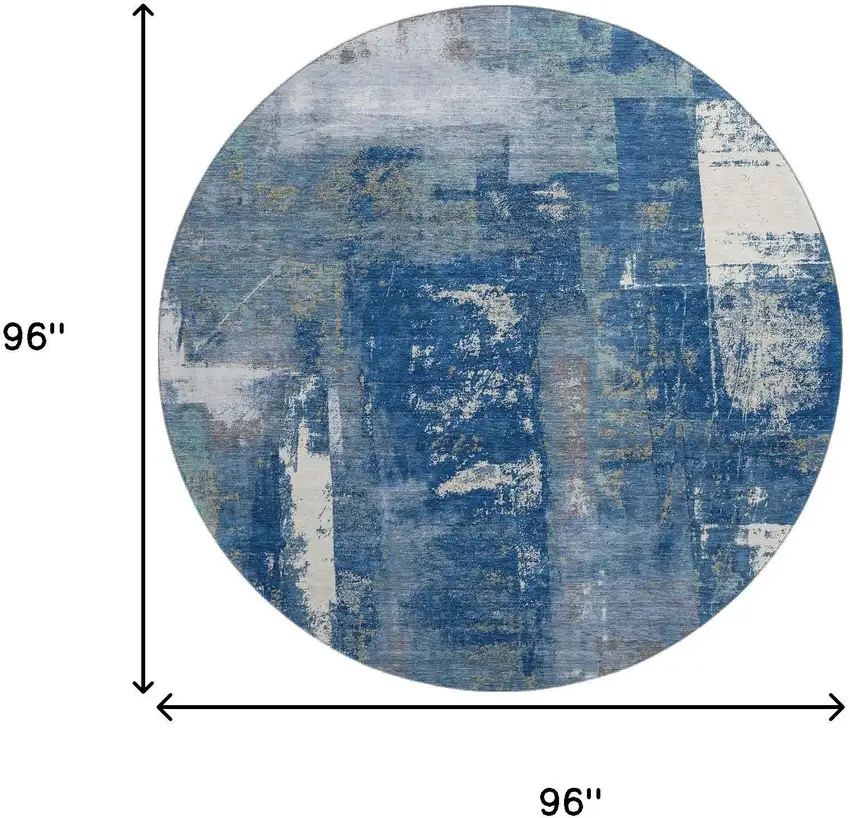 8' Navy Blue And Ivory Abstract Washable Round Rug With UV Protection Photo 9