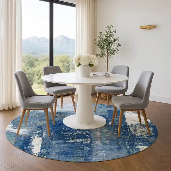 8' Navy Blue And Ivory Abstract Washable Round Rug With UV Protection Photo 4