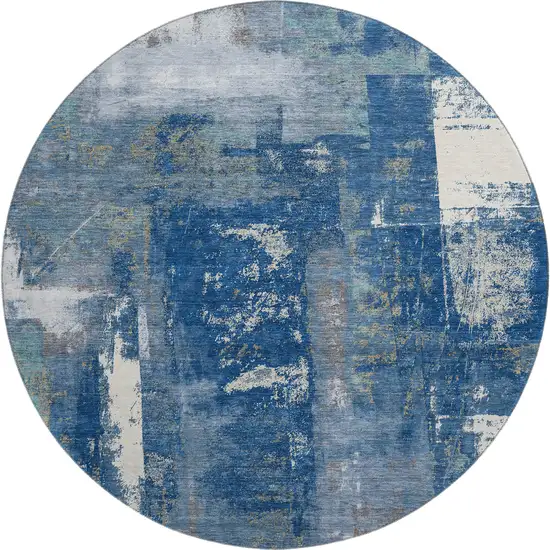 8' Navy Blue And Ivory Abstract Washable Round Rug With UV Protection Photo 1