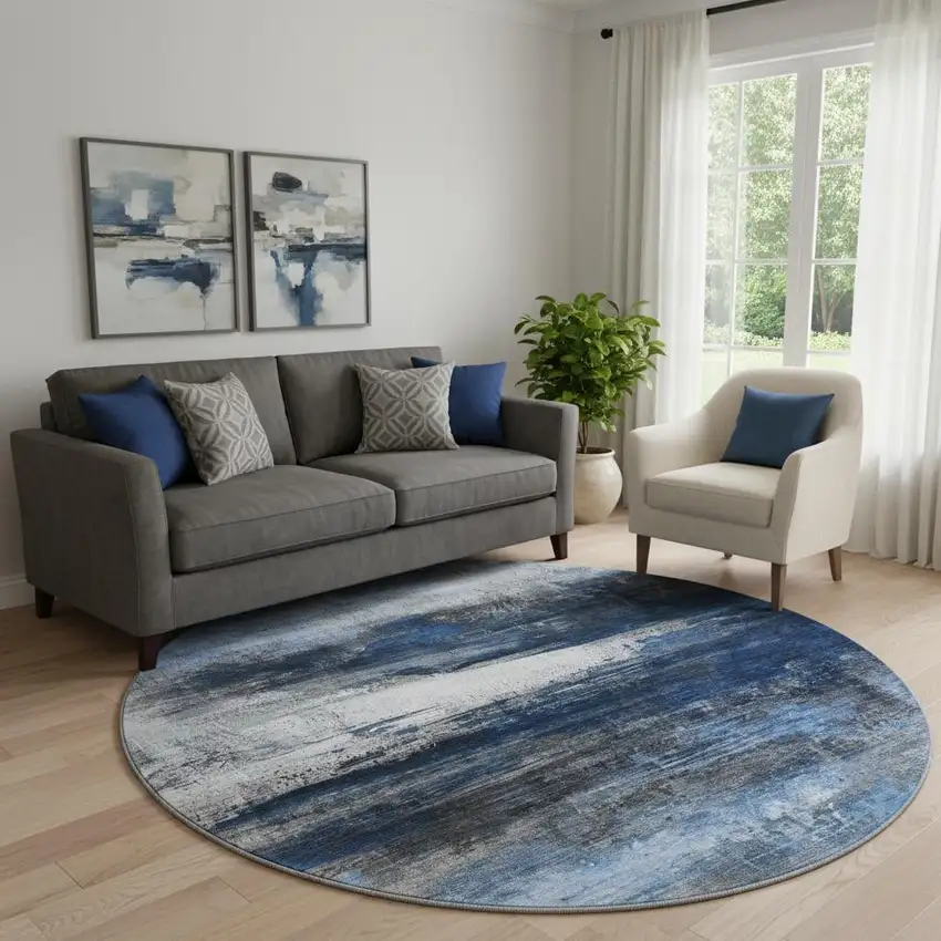 8' Navy Blue And Ivory Abstract Washable Round Rug With UV Protection Photo 2