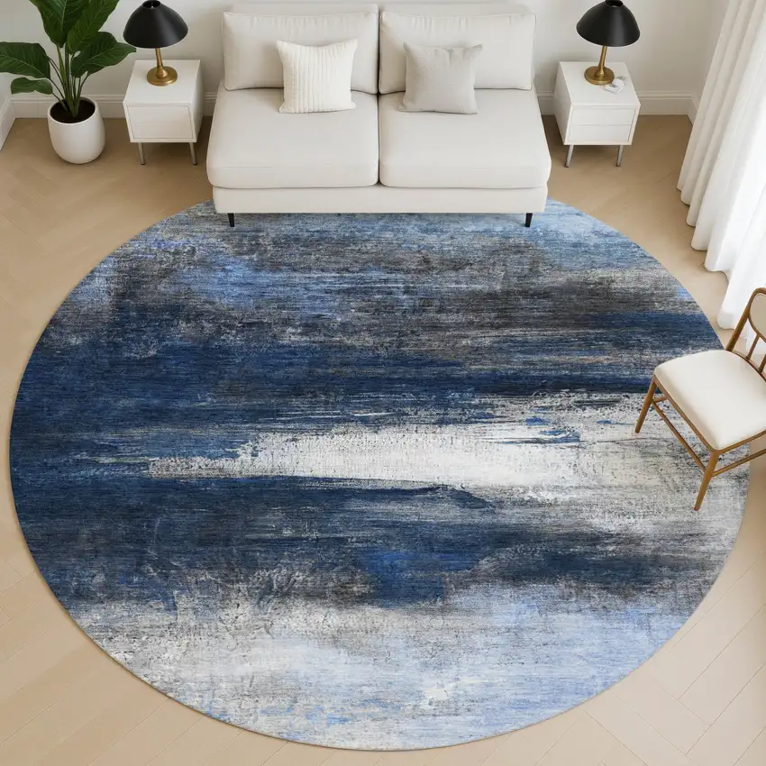 8' Navy Blue And Ivory Abstract Washable Round Rug With UV Protection Photo 5