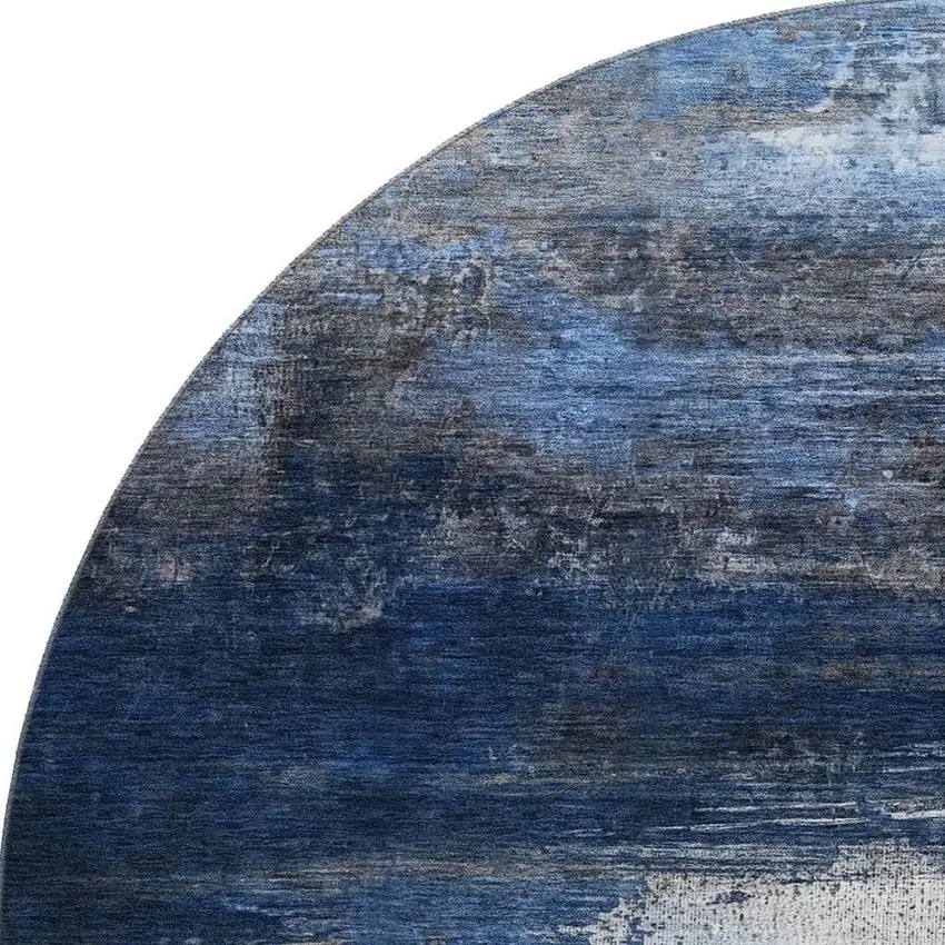 8' Navy Blue And Ivory Abstract Washable Round Rug With UV Protection Photo 4