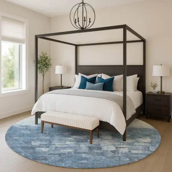 8' Navy Blue And Ivory Abstract Washable Round Rug With UV Protection Photo 5