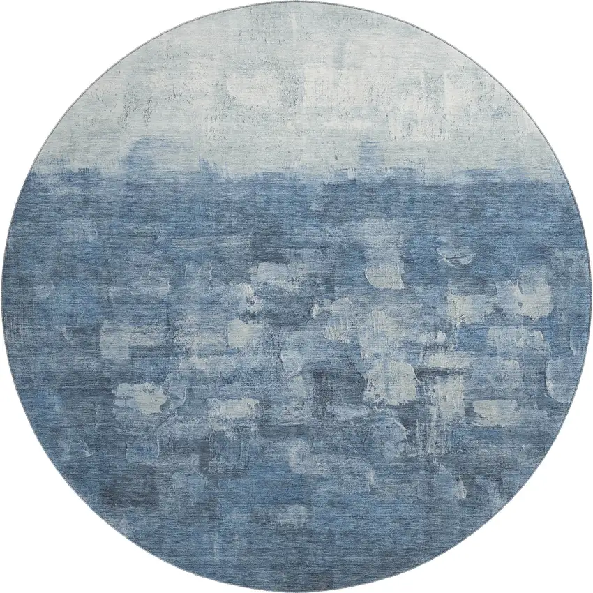 8' Navy Blue And Ivory Abstract Washable Round Rug With UV Protection Photo 1