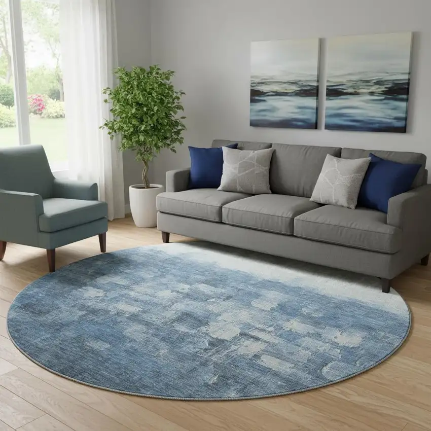 8' Navy Blue And Ivory Abstract Washable Round Rug With UV Protection Photo 2