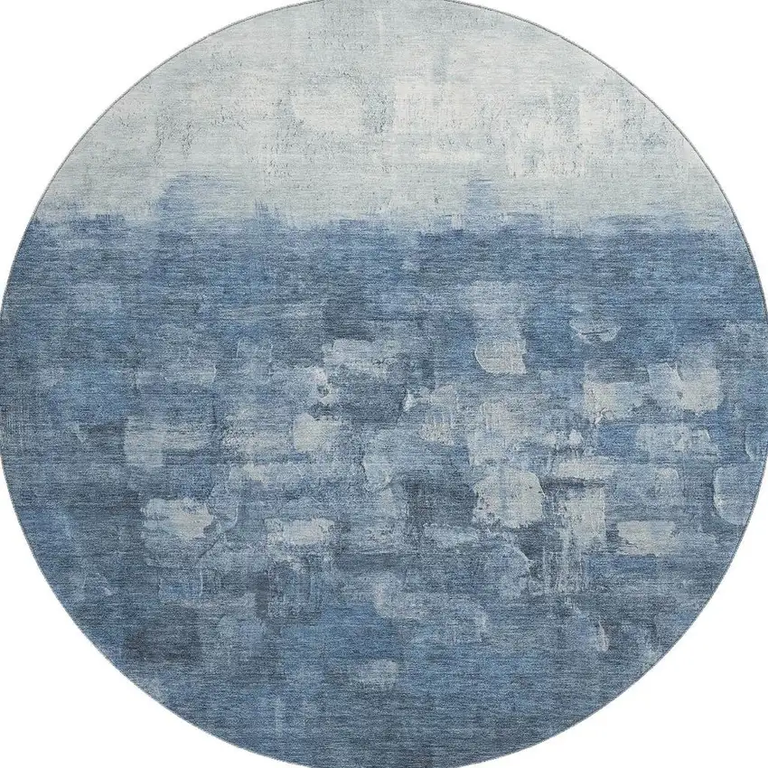 8' Navy Blue And Ivory Abstract Washable Round Rug With UV Protection Photo 4