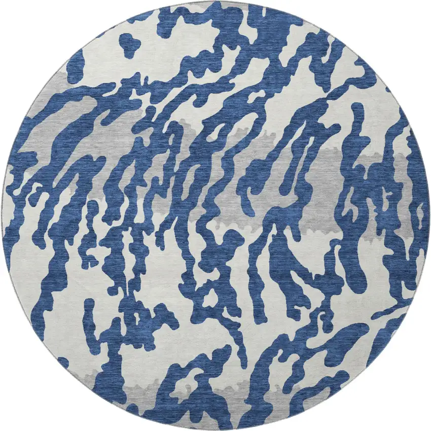 8' Navy Blue And Ivory Animal Print Washable Round Rug With UV Protection Photo 4