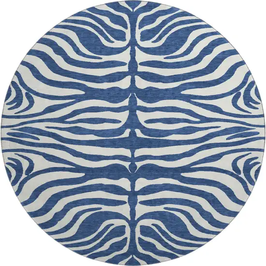 8' Navy Blue And Ivory Animal Print Washable Round Rug With UV Protection Photo 1