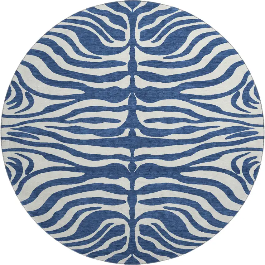8' Navy Blue And Ivory Animal Print Washable Round Rug With UV Protection Photo 1