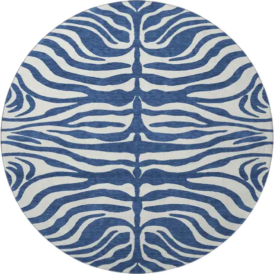 8' Navy Blue And Ivory Animal Print Washable Round Rug With UV Protection Photo 3