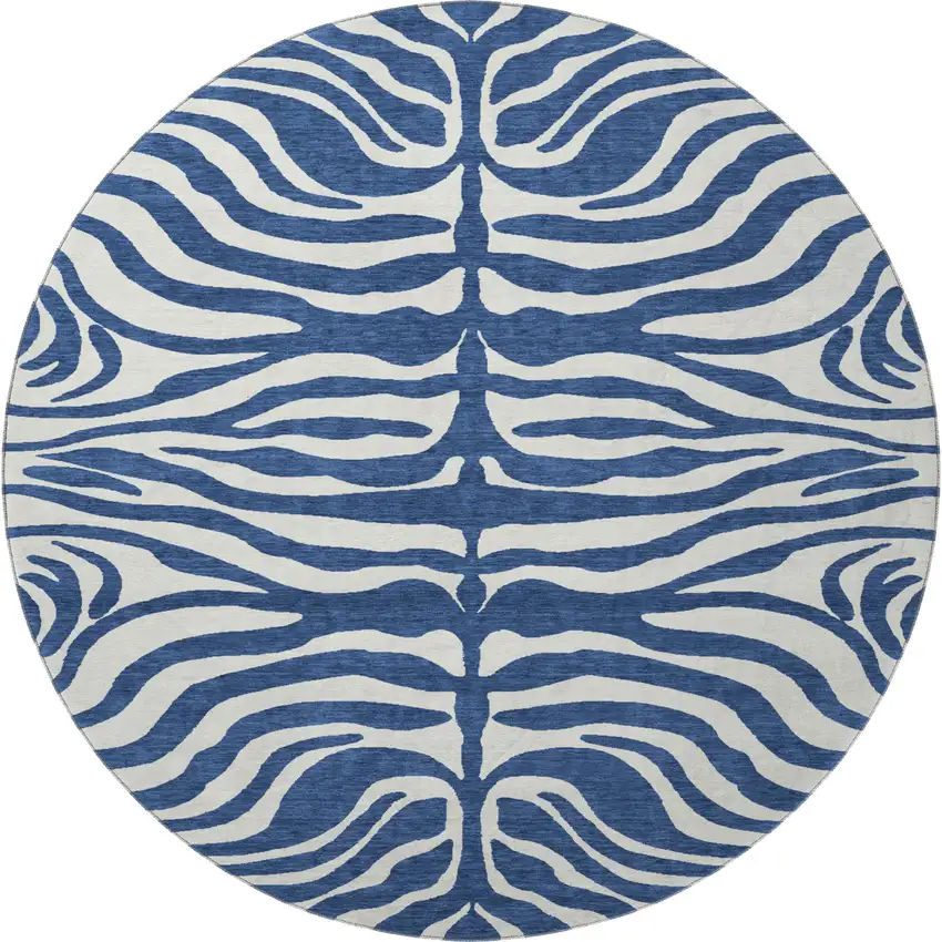 8' Navy Blue And Ivory Animal Print Washable Round Rug With UV Protection Photo 3
