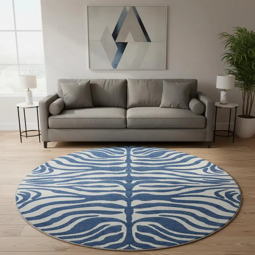 8' Navy Blue And Ivory Animal Print Washable Round Rug With UV Protection Photo 2