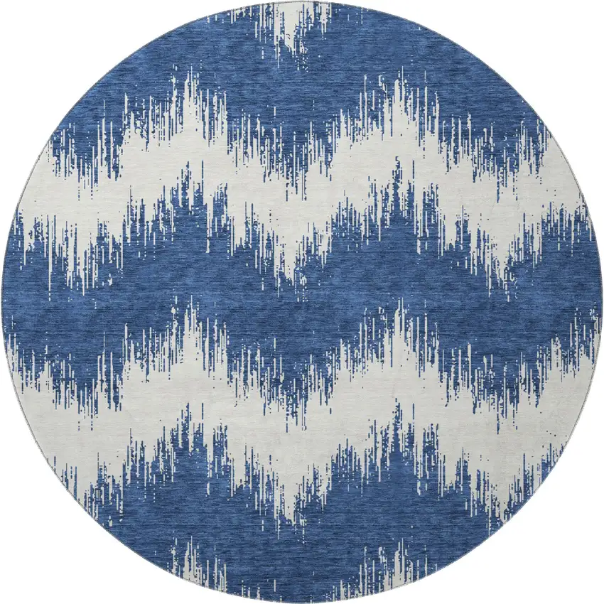 8' Navy Blue And Ivory Chevron Washable Round Rug With UV Protection Photo 4