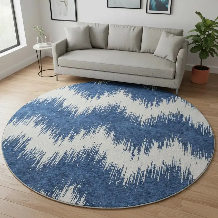 8' Navy Blue And Ivory Chevron Washable Round Rug With UV Protection Photo 2