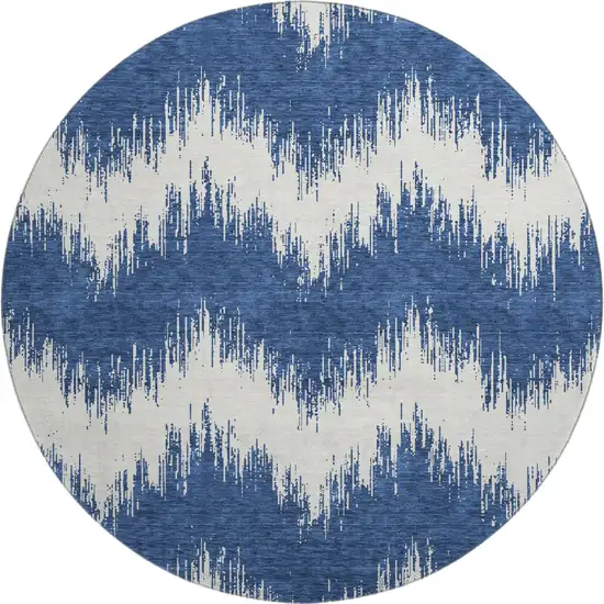 8' Navy Blue And Ivory Chevron Washable Round Rug With UV Protection Photo 1