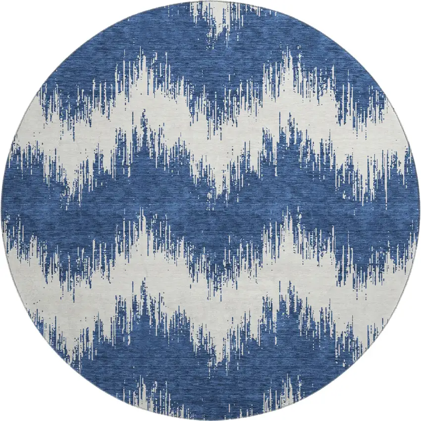 8' Navy Blue And Ivory Chevron Washable Round Rug With UV Protection Photo 1